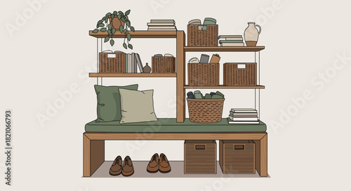 Stylish mudroom organization with woven baskets, books, and comfy pillows creates an inviting and clutter-free entryway for a modern home