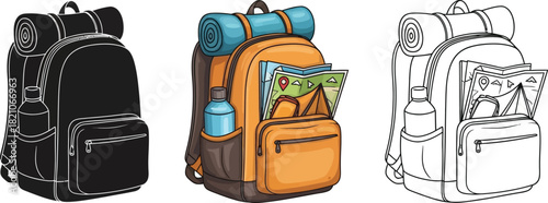 Set of three backpack illustrations showing black silhouette, full color, and outline drawing versions