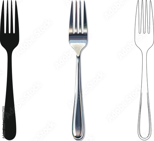 Set of three different styles of eating utensil forks including silhouette, realistic metal object, and outline drawing
