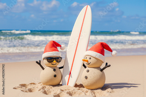 Two snowmen wearing santa hats and sunglasses on a beach with a surfboard