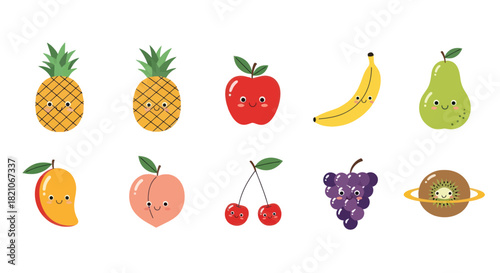 Cartoon fruits collection with happy faces on a white background design elements