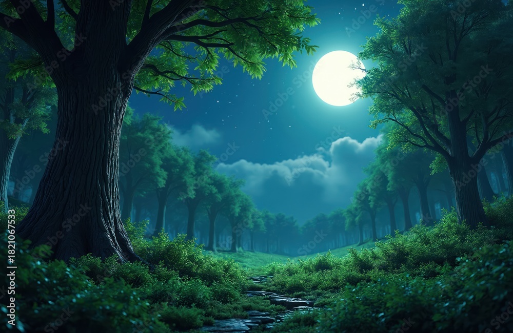 Obraz premium Tranquil green forest scene at night. Luminous full moon brightly illuminates tall trees, rich foliage, winding stone path. Small stars shine in deep blue sky. Nature feels peaceful, calm, serene