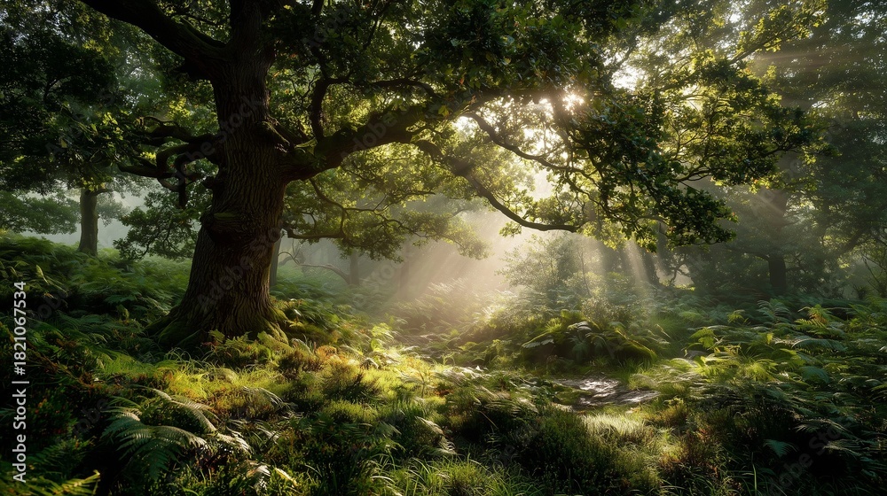 Fototapeta premium Golden sunlight filters through the lush green leaves of a grand oak tree, creating a serene atmosphere in the misty forest. The enchanting forest scene invites exploration among t