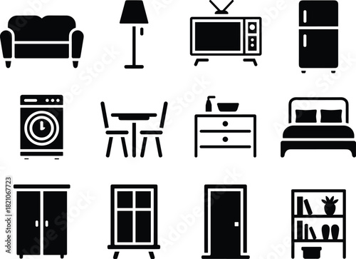 Home Furniture and Appliance Icons – Household Interior Silhouettes for Design and Decoration