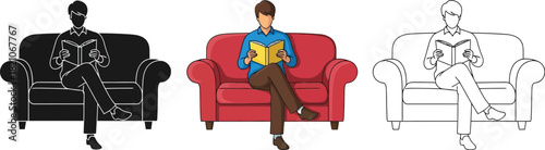 Set of three illustrations showing a person sitting a sofa reading a book in color, silhouette, and outline style