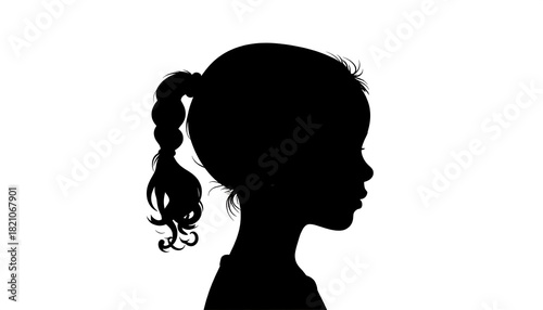A stark silhouette of a child's face in profile, hair pulled back in a pony tail, set against white background