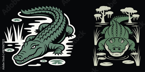 Alligator and Crocodile Vector Set: Detailed Illustrations of Reptiles in Swamp Habitat with Water, Cypress Trees, and Wetlands Vegetation on Black Background.
