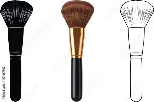 Collection of three makeup blush powder brushes shown in silhouette, color photo, and line drawing style