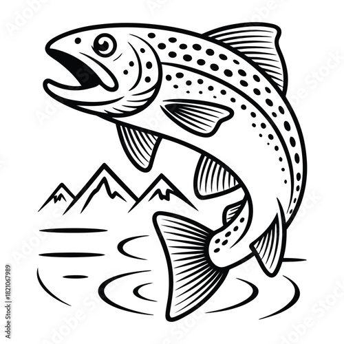 Jumping Trout or Salmon Fish Vector Graphic: Detailed Black and White Illustration of Game Fish Leaping from Water with Mountains Background, Ideal for Fly Fishing Logo.