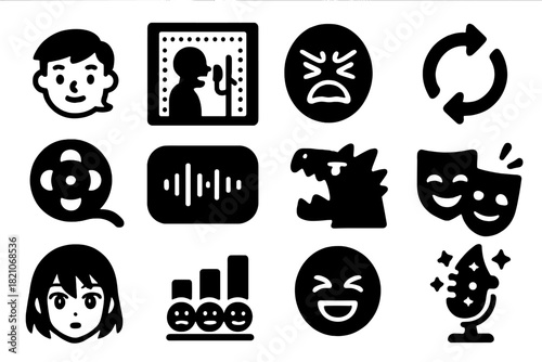 Voiceover Animation Icons. Solid style icons of voiceover for animation: cartoon character bubble, voice booth, exaggerated