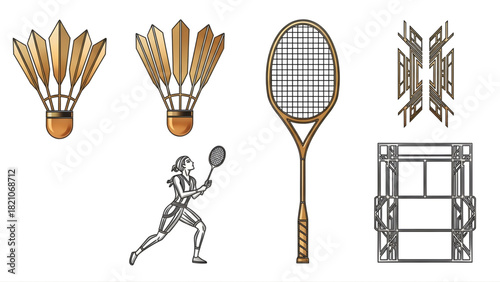 A collection of vintage-style badminton illustrations, featuring a classic racket, shuttlecocks, a player in motion, and net designs