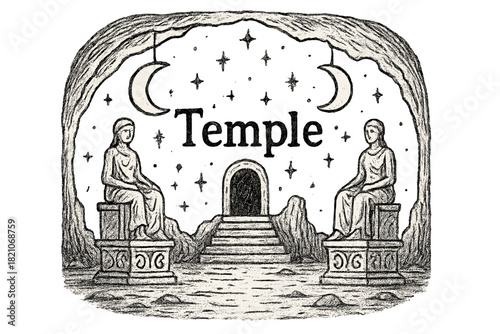 Moonlit Underground Temple. Hand-drawn underground temple with moons, statues, and sparkles, center word “Temple” in black and
