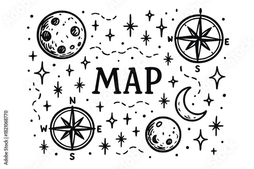 Navigator Map Sketch. Hand-drawn navigator map with moons, compasses, and sparkles, center word “Map” in black and white isolated