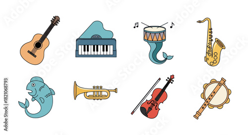 Cartoon musical instruments collection guitar piano drum saxophone and more