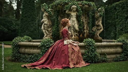 Woman in an elegant historical dress in a serene mood sitting by an ornate stone fountain with classical sculptures in a garden backdrop, video for historical documentaries and medieval fantasy visual