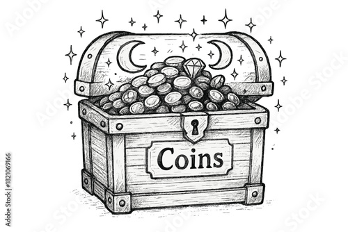 Enchanted Coin Chest. Hand-drawn enchanted coin chest with moons, sparkles, and jewels, center word “Coins” in black and white