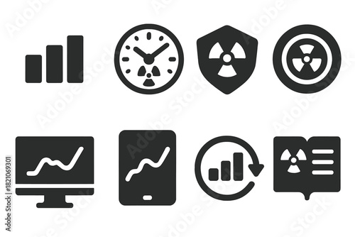 Radiation Monitoring Icons. Solid style icons of dosimeter readings over time: data bar glyph, radiation clock icon, trend badge.