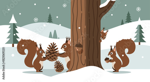 Adorable squirrels gathering pine cones and acorns in a whimsical winter forest scene, perfect for children's illustrations and holiday cards