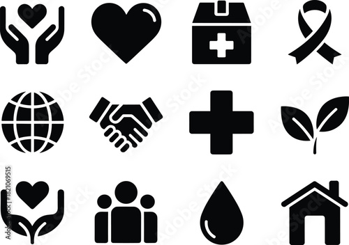 Charity and wellness icons – health, support, community, and sustainability symbols