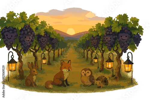 Vineyard Sunset Gathering. Vineyard at sunset with smiling rows of vines, lanterns glowing, and animals gathering for a peaceful