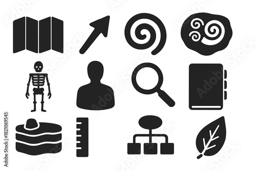 Spatial Mapping Icons. Solid style icons of spatial distribution and mapping: map, arrow, spiral, fossil cluster, skeleton, human