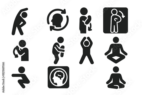 Warm-Up Icon Set. Solid style icons of physical conditioning and warm-up: stretching before flight icon, breathing loop badge,
