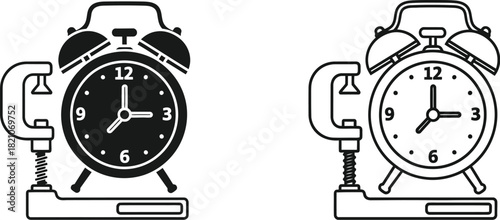 Two vintage alarm clocks with ringing phones black and white illustration