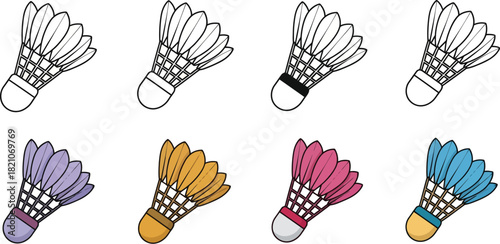 A collection of colorful badminton shuttlecocks in a linear illustration style