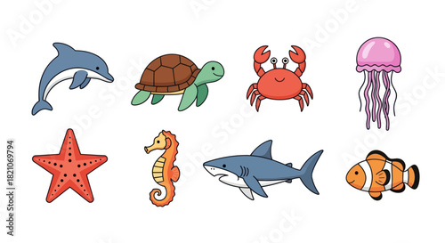 Cartoon ocean creatures dolphin turtle crab jellyfish seahorse shark