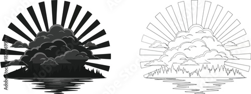 Two contrasting images depict a sunburst over mountains and water