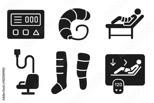 Pressotherapy Icon Collection. Solid style icons of pressotherapy machines: control panel screen, inflated chamber icon, therapy