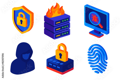 Cybersecurity Icons Set. Isometric vector illustration set Cybersecurity: shield with lock, firewall server, antivirus scan screen