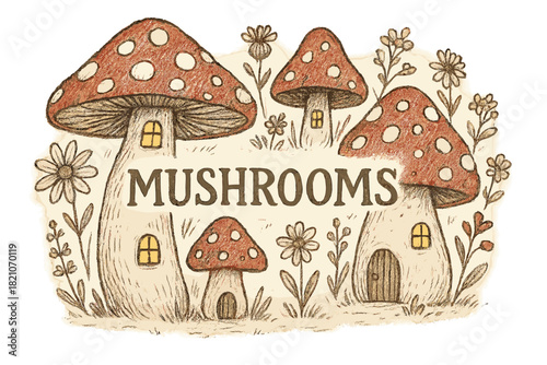 Whimsical Mushroom Dwellings. Hand-drawn mushroom houses in red and white with glowing windows, surrounded by flowers, center word