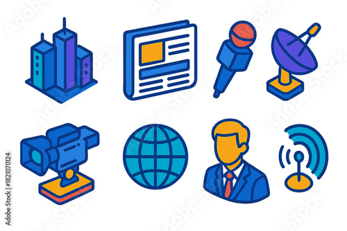 Storytelling Media Icons. Isometric vector illustration set Storytelling icons – city skyline, newspaper, broadcast microphone;