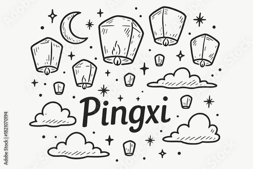 Pingxi Lantern Release. Hand-drawn lantern release taiwan with moons, sparkles, and clouds, center word “Pingxi” in black and