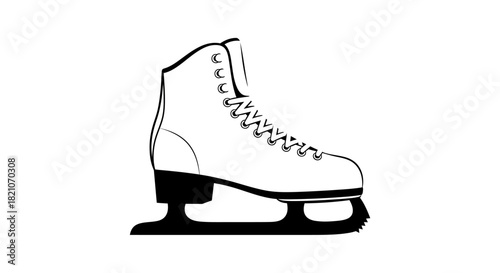 Black and white illustration of a single ice skate isolated on