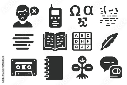 Forgotten Dialect Icons. Solid style icons of Forgotten dialect: last speaker, recording device, linguistic symbols, fading words,