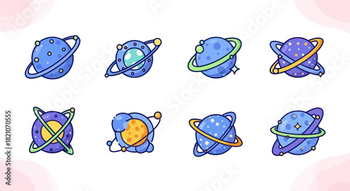 Cartoon planets collection cosmic designs celestial bodies on white