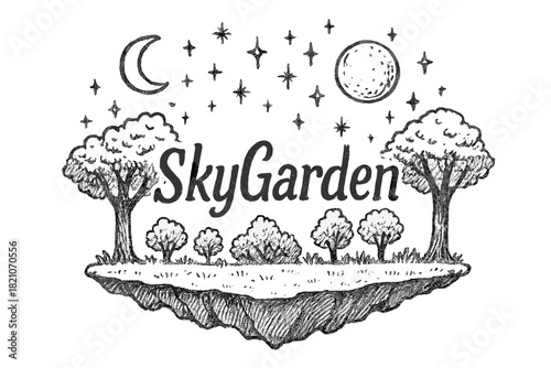SkyGarden Design. Hand-drawn sky garden with moons, trees, and sparkles, center word “SkyGarden” in black and white isolated
