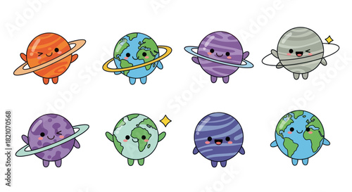 Cartoon planets illustration colorful cosmic bodies with friendly facial expressions