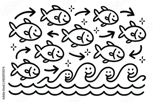 Whimsical Fish Collaboration. Whimsical doodle animal decision-making scene with smiling fish in a swarm, cartoon arrows showing