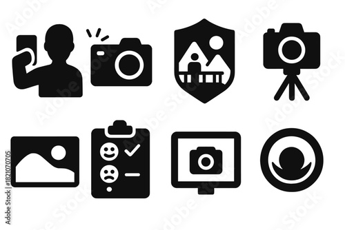 Scenic Photo Icons. Solid style icons of scenic photo moments: selfie glyph, camera click icon, viewpoint badge. Tripod ring,