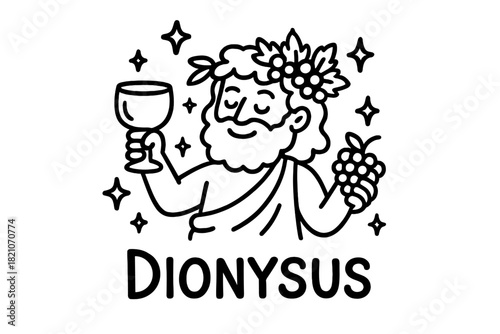 Dionysus Doodle Delight. Doodle dionysus with stars, grapes, and sparkles, center word “Dionysus” in black and white isolated