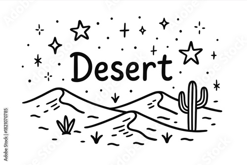 Desert Doodle Map. Doodle desert map with stars, dunes, and sparkles, center word “Desert” in black and white isolated transparent