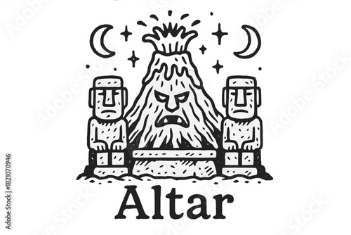 Volcanic Altar Art. Hand-drawn volcano god altar with moons, statues, and sparkles, center word “Altar” in black and white