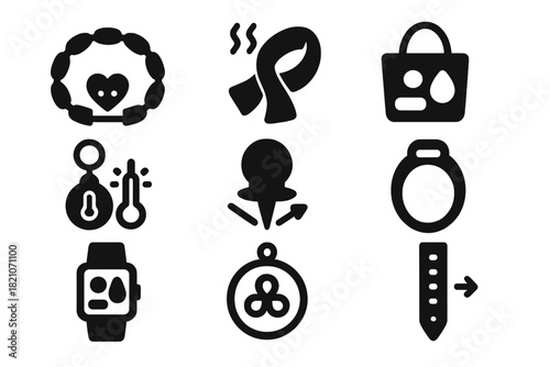 Reactive Accessories Icons. Solid style icons of reactive accessories: mood bracelet icon, dynamic scarf badge, color bag panel.