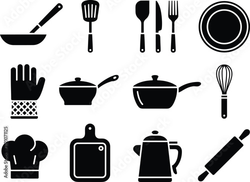 Kitchen utensil icons – cookware, tools, and culinary silhouettes for cooking and food design