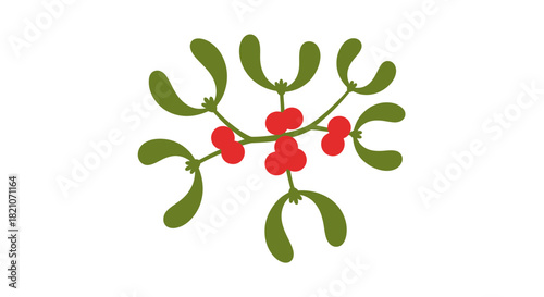 Illustration of mistletoe branch with green leaf and red berry isolated on