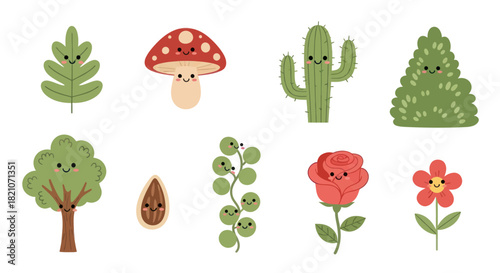 Cartoon plants and flowers collection decorative nature elements on white
