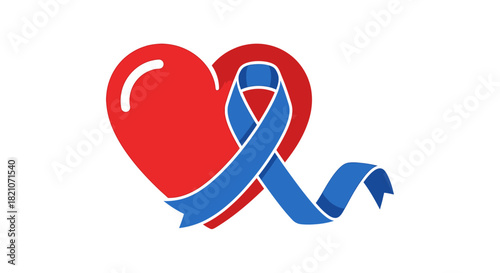 Red heart symbol with blue awareness ribbon isolated on